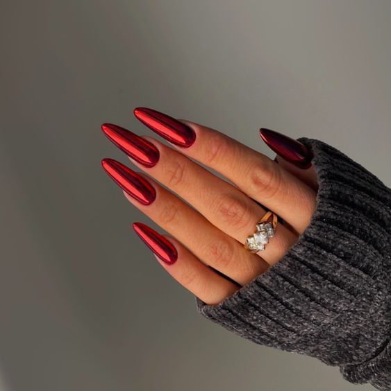 17 Ideas for Chrome Nails 2024 Red Chrome Nails, Fake Acrylic Nails, Chrome Nails Designs, Chrome Nail, Makijaż Smokey Eye, Red Nail Designs, Metallic Nails, Luxury Nails, Chrome Nails