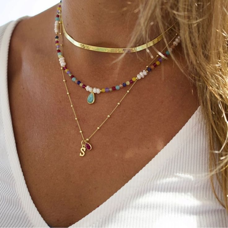 -Colorful Bead Necklace (Blue Stone) 1 Necklace -Gold Chain With (Red Charm Stone And “V” Initial Charm) 2 Necklace Trend Jewelry, Multi Layer Necklace, Chain Fashion, Bohemian Necklace, Ring Pendant Necklace, Earring Sale, Woman Fashion, Boho Necklace, Beaded Chain