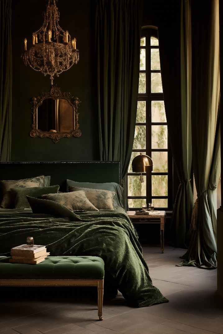 a bedroom with dark green walls and drapes on the windowsills, an ornate chandelier hangs over the bed