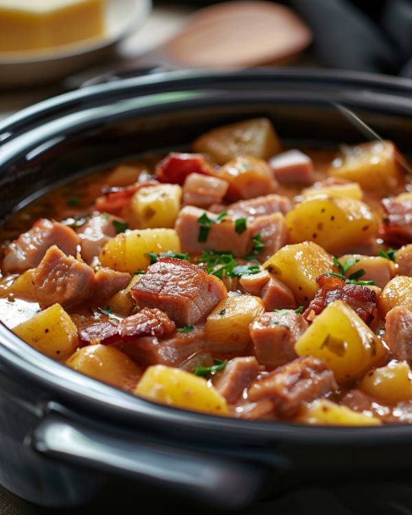 a close up of a stew in a crock pot