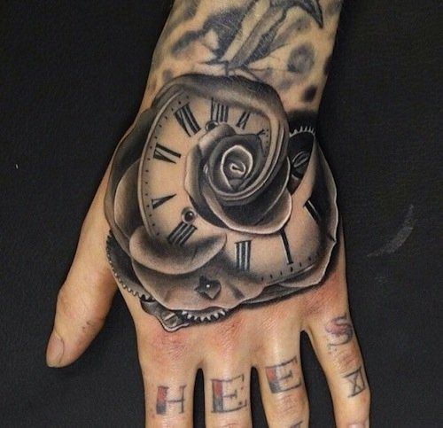 a hand with a clock tattoo on it