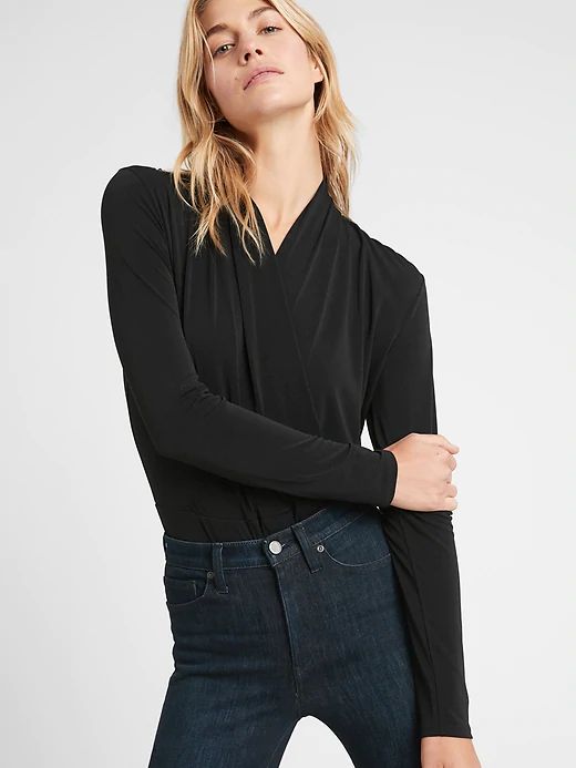 Wrap-Front Thong Bodysuit | Banana Republic Stretch V-neck Wrap Top For Fall, Versatile Stretch Bodysuit, Versatile Stretch Wrap Top, Versatile Fitted Wrap Top, Versatile Fitted V-neck Wrap Top, Versatile Stretch Top With Surplice Neckline, Stretch Tops With Surplice Neckline, Versatile Stretch Tops With Surplice Neckline, Versatile Tops With Surplice Neckline And Stretch