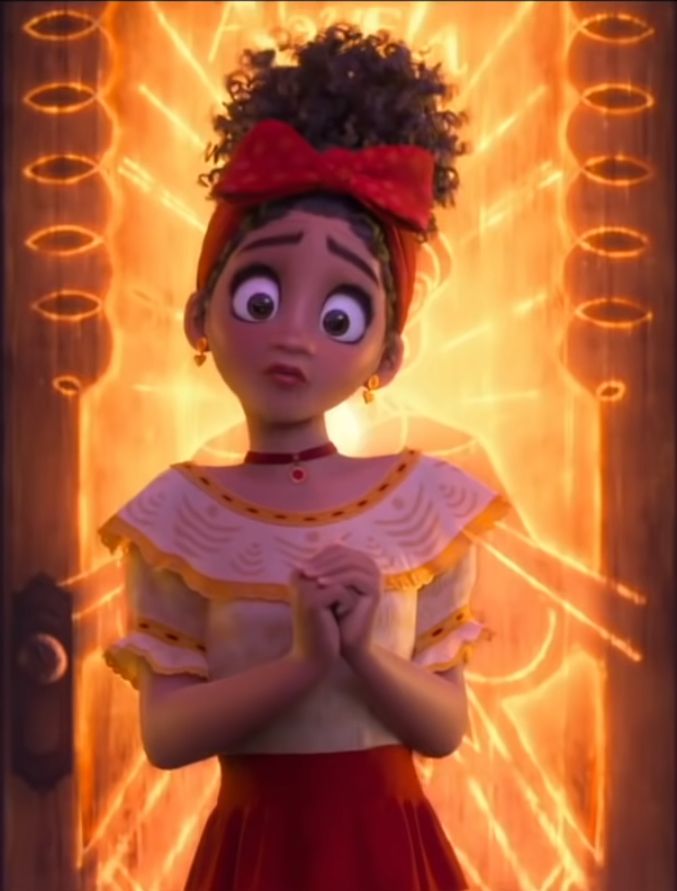 an animated character is standing in front of a bright light with her hands folded up