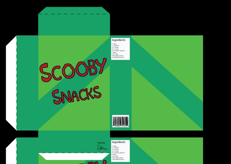 a green box with the words scooby snacks printed on it's side