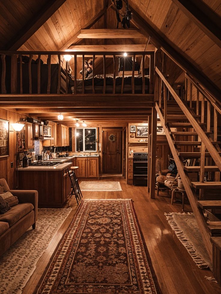 Cozy Cabin Loft 🪵🛋️ Small Cabin Loft Bedroom, Cabin Study Room, Large Cabin Interiors, Loft In Cabin, Cabin Loft Floor Plan, Aesthetic Cabin House, Cabin Home Interior Design, Aesthetic Cabin Interiors, Log Tiny House