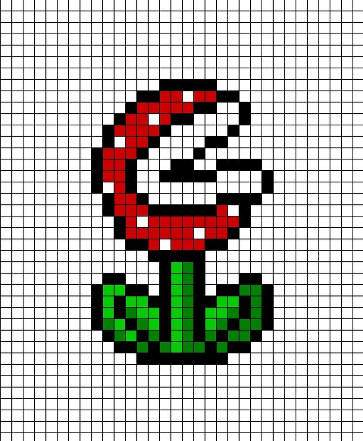 A pixel art template of the Piranha Plant from the Mario series. Pixel Art Pattern Mario, Mario Pixel Art Grid, Mario Kart Pixel Art, Pixel Art Mario Bros, Pixel Art Ideas Simple, Plant Pixel Art, Nintendo Cross Stitch, 8bit Mario, Super Mario Pixel Art