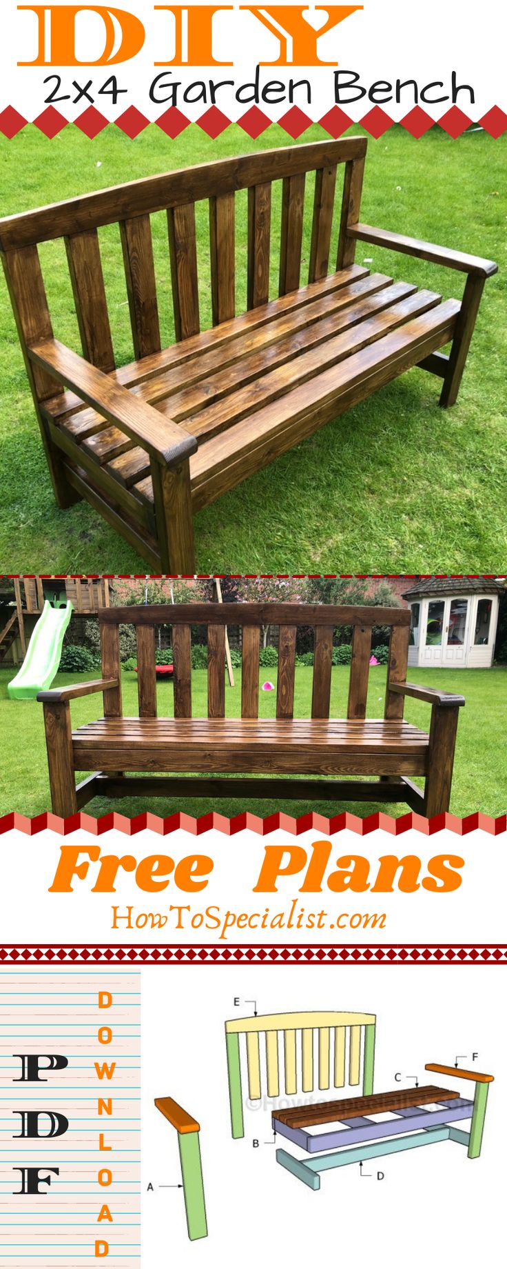 a wooden bench sitting in the grass with instructions to make it into a garden bench