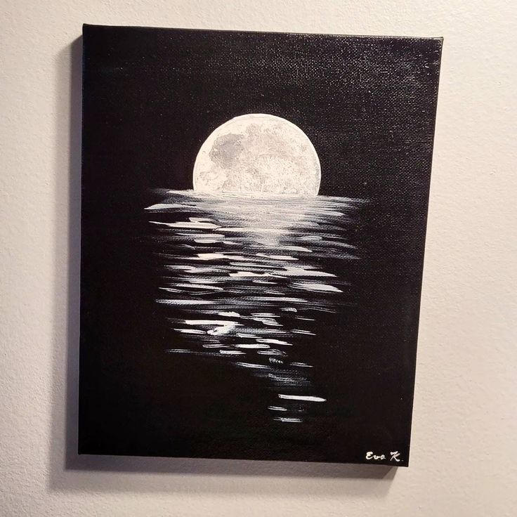 a black and white painting with a full moon over the water in front of it