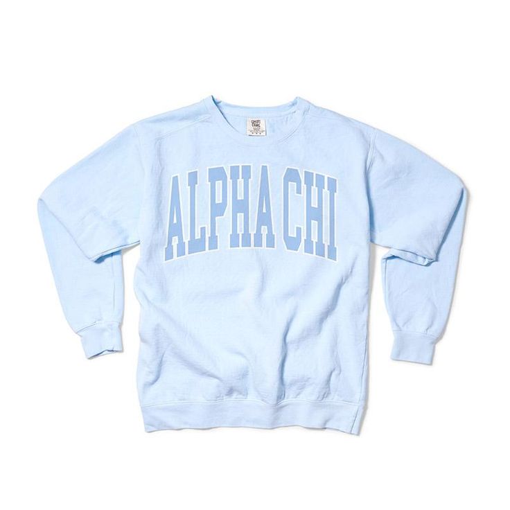 a light blue sweatshirt with the word,'alphaxii'printed on it