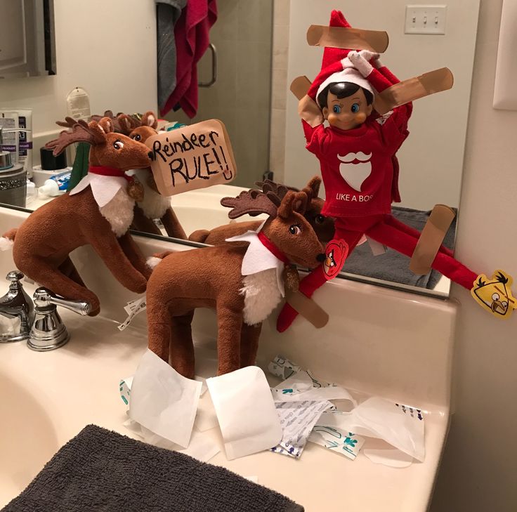 two stuffed animals are sitting in front of a bathroom mirror with the word reindeer rules written on it