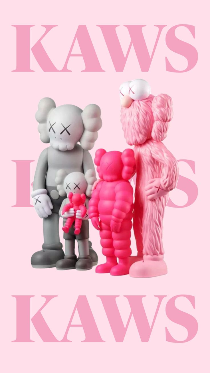 two pink teddy bears standing next to each other with the words kaws on it