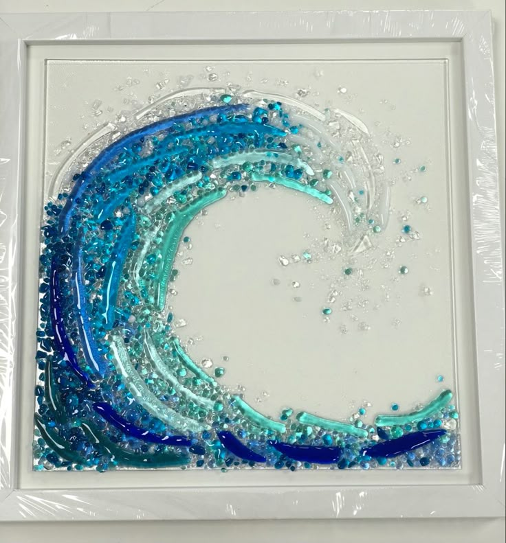 an abstract painting with blue and white colors