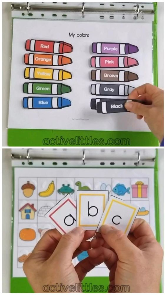 two pictures of different colored crayons and letters