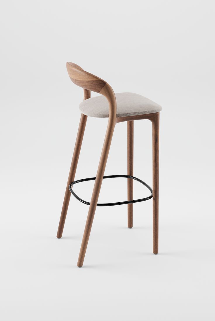 an upholstered bar stool with a wooden seat and backrest, viewed from the front