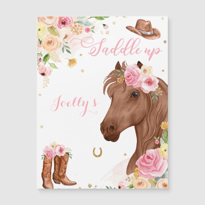 a card with a horse wearing boots and flowers