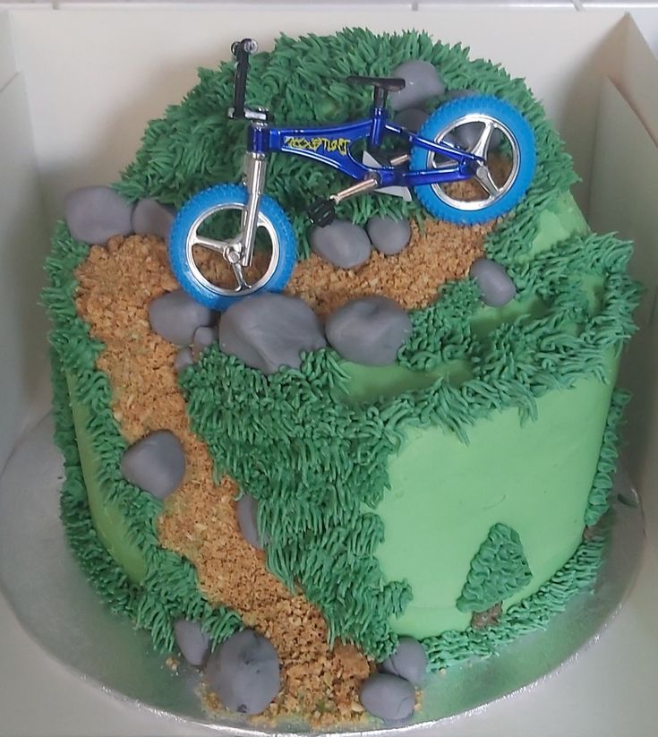 a cake decorated with grass, rocks and a bike on it's front wheel