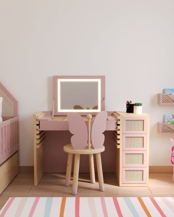 a child's bedroom with pink furniture and accessories on the floor, including a desk