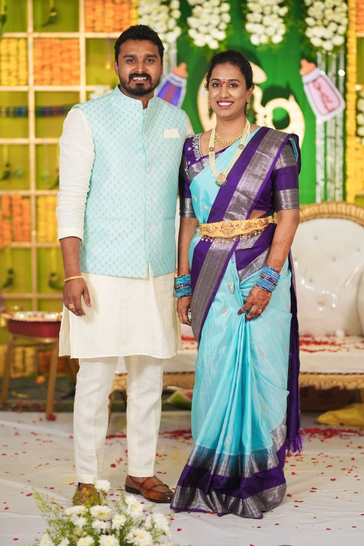 Matching Couple Outfits For Wedding, Couple Dress Matching Indian For Engagement, Wedding Couple Dress Combination, Panchalu Function, Couple Dress Matching Indian, Blue Pattu Saree, Wedding Lehangas, Couple Dress Matching, Saree Combination