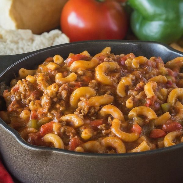 a skillet filled with macaroni and cheese