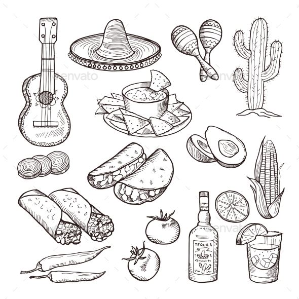 hand drawn mexican food and drinks - food objects