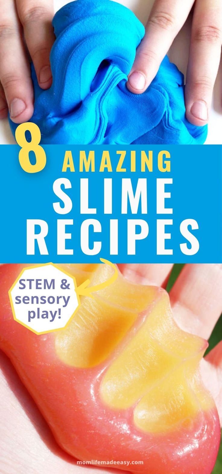 a hand holding a blue cloth over a red pepper with the title 8 amazing slime recipes