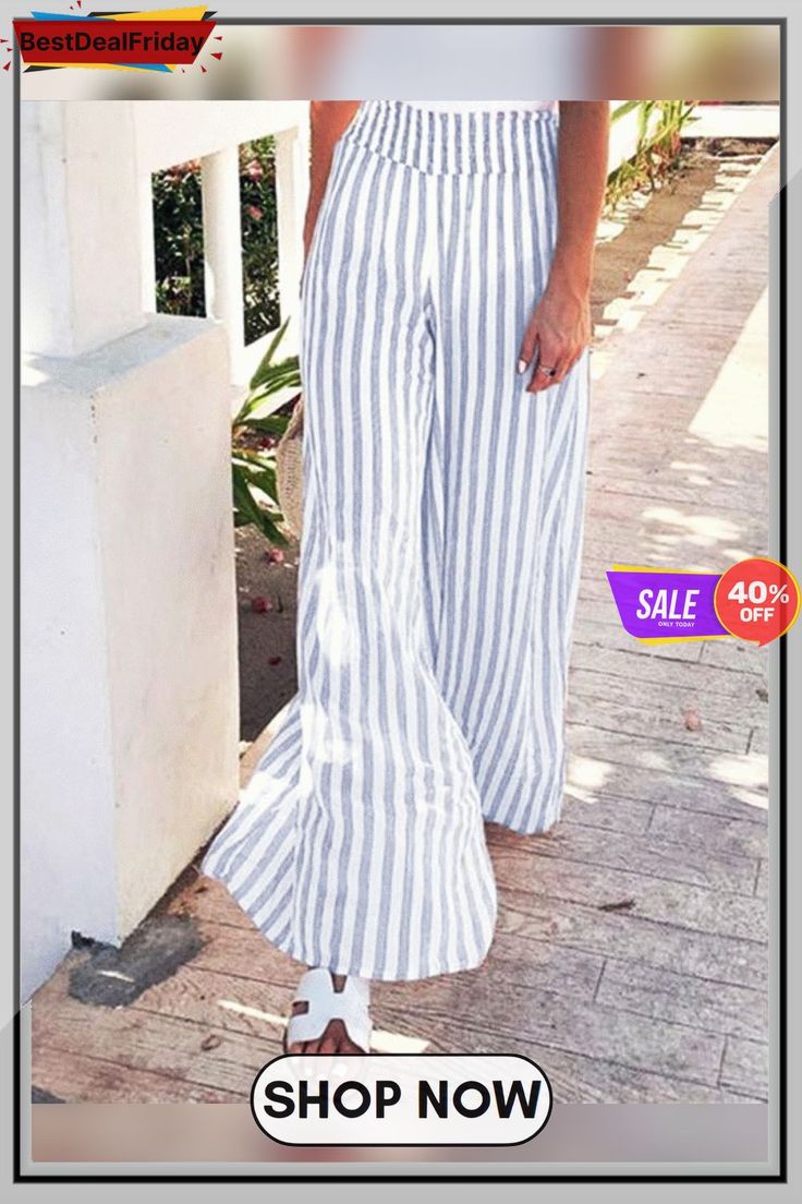 Women Casual Striped Plus Size Wide Leg Pants P105160 Plus Size Wide Leg Pants, Striped Flare Pants, Plus Size Wide Leg, Cozy Pants, Casual Wide Leg Pants, Plus Size Jumpsuit, Jumpsuit With Sleeves, Casual Stripes, Women Pants Casual