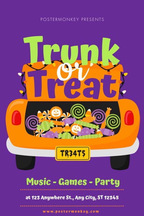 the trunk or treat party flyer is shown with candy in the trunk and pumpkins on the back