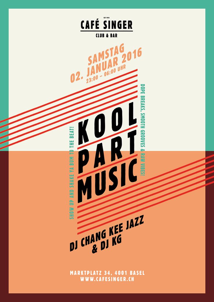 the poster for kool part music, featuring an orange and green background with red lines