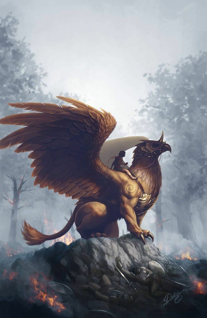 an image of a mythical creature with wings on top of a rock in the woods