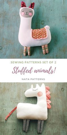 sewing pattern set of two stuffed animals with text overlay that reads sewing patterns set of 2 stuffed animals