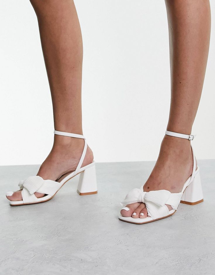 Glamorous mid heel sandals with bow in white | ASOS Summer Block Heels With Bow Straps, White Open Heel Heels With Bow, White Heels With Bow And Open Heel, White Open Heel Sandals With Bow, White Sandals With Bow And Open Heel, White Open Toe Heels With Bow Straps, Chic White Sandals With Bow, White Open Toe Sandals With Bow, White Block Heels With Buckle Closure