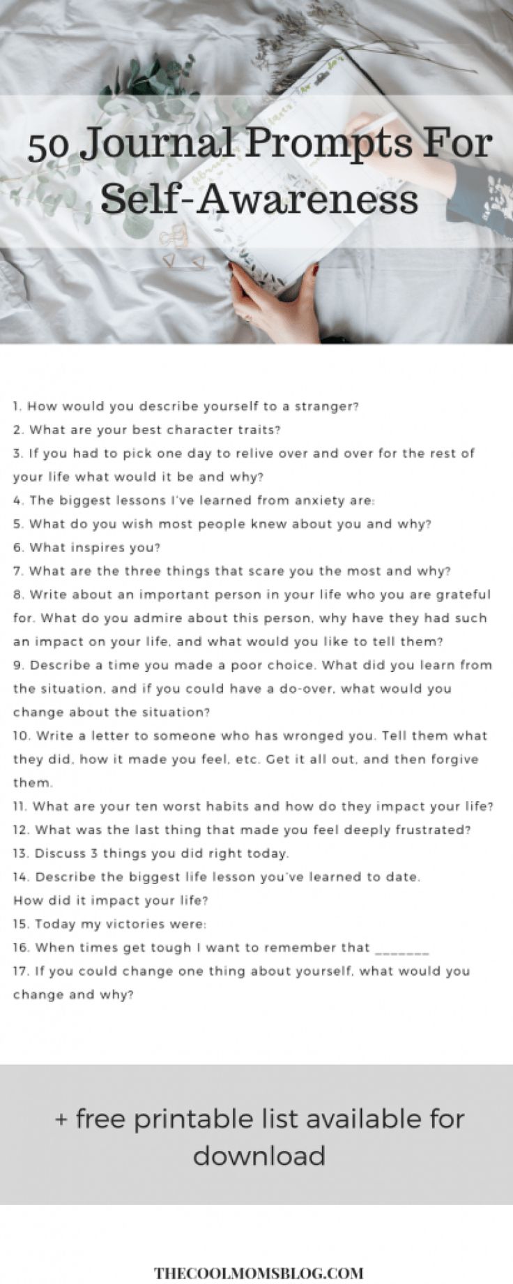 a woman laying in bed with the text, 50 journal prompts for self - awareness