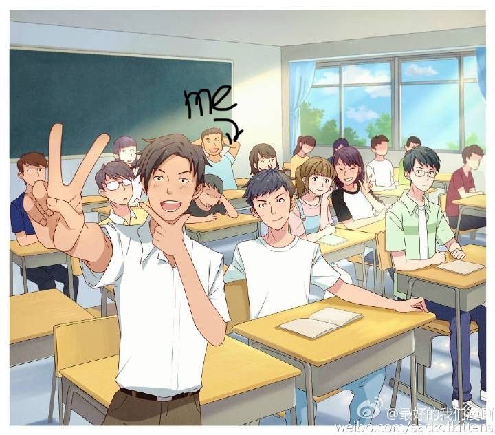 an animated image of a man giving the peace sign in front of a classroom full of students