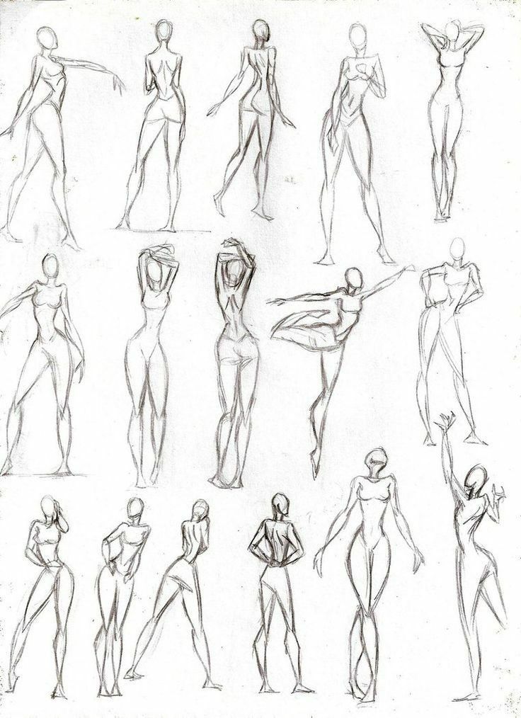 a bunch of sketches of different poses and body shapes for the figure in this drawing