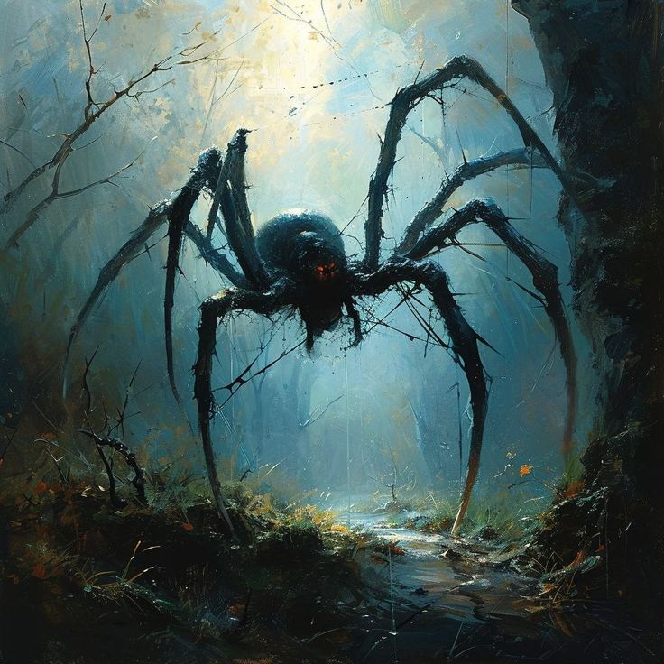 a painting of a giant spider in the middle of a forest