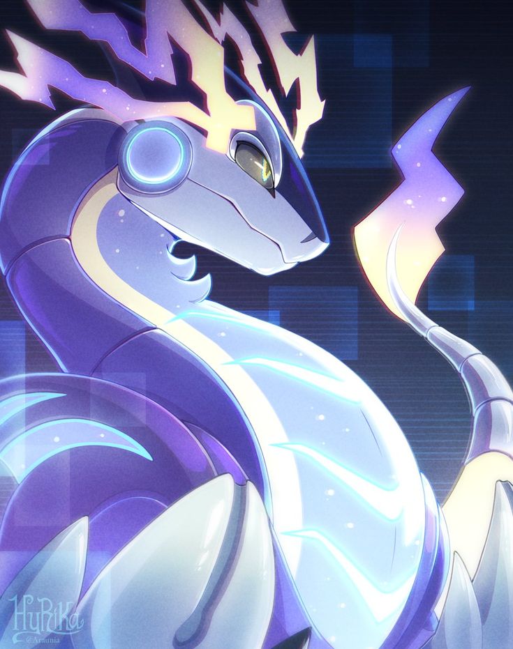 a purple and white dragon standing in front of a dark background with lightning bolts on it's head