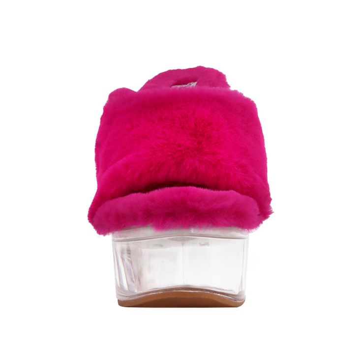 Faux fur with man made sole Slip-on styling Heel measures approx. 5.75" H Platform measures approx. 1.5" H Imported Trendy Closed Toe Synthetic Slippers, Comfortable Platform Flat Slippers, Trendy Slippers With Removable Insole And Round Toe, Pink Round Toe Booties For Winter, Trendy Platform Slippers In Synthetic Material, Trendy Platform Slip-on Slippers, Trendy Synthetic Slippers With Flat Heel, Comfortable Pink Booties With Round Toe, Trendy Slip-on Synthetic Slippers