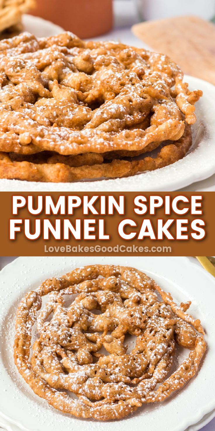 Pumpkin Spice Funnel Cakes pin collage Funnel Cake Flavors, Pumpkin Funnel Cake Recipe, Funnel Cake Toppings Ideas, Pumpkin Spice Funnel Cake Recipe, Flavored Funnel Cake Recipe, Pumpkin Spice Cake Taste Of Home, How Do You Make Funnel Cake, Fair Foods, Funnel Cake Recipe