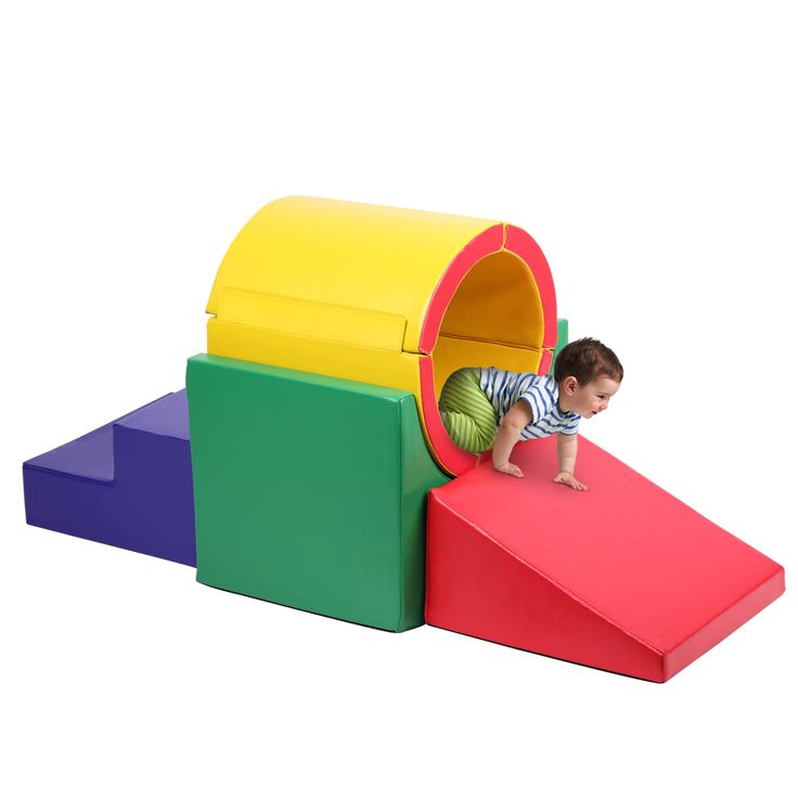 a small child is playing in a colorful play tunnel with three colors on the sides