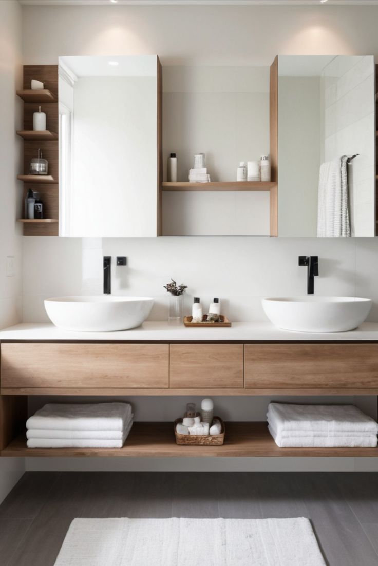 a bathroom with two sinks, mirrors and towels on the counter top in front of it