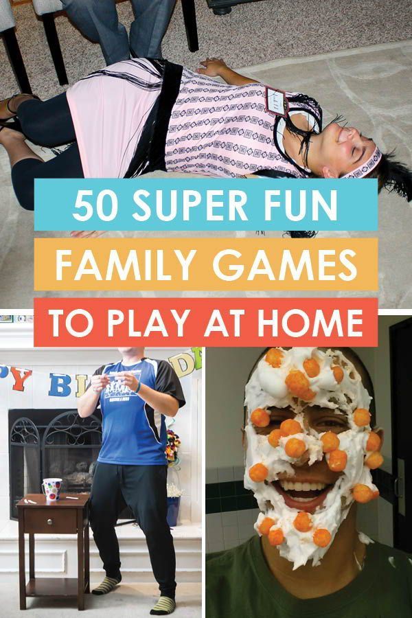 some people are doing different activities in the living room with text overlay that reads 50 super fun family games to play at home