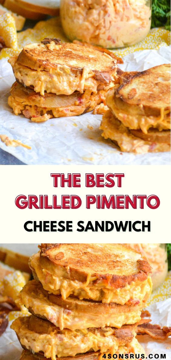 the best grilled pimentoo cheese sandwich is shown in two different images with text overlay