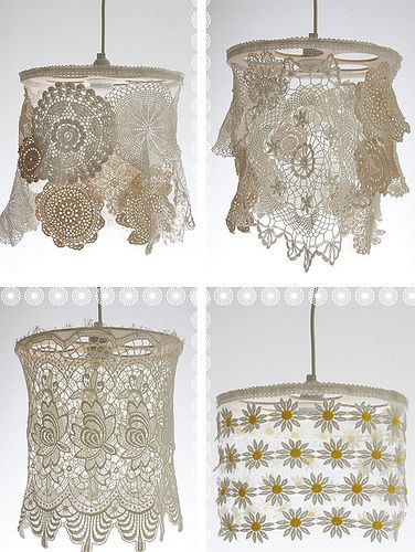 four pictures of different shades of lace hanging from lampshades and chandeliers