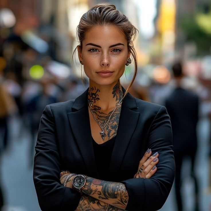 a woman with tattoos on her arms and chest standing in front of a city street