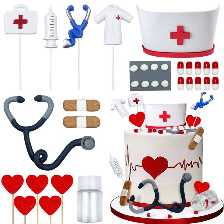 the medical themed cake is decorated with red, white and blue icing