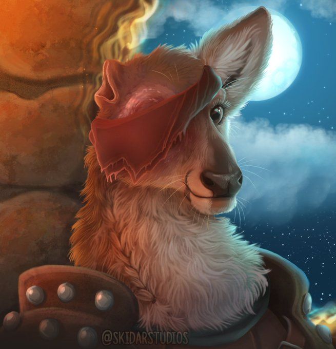 a painting of a dog with a red bandana on its head and the moon in the background