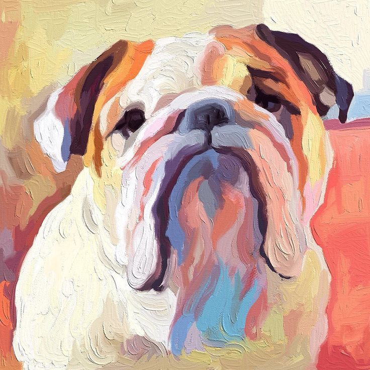 an impressionist painting of a bulldog with his tongue out and eyes wide open, sitting on a red couch