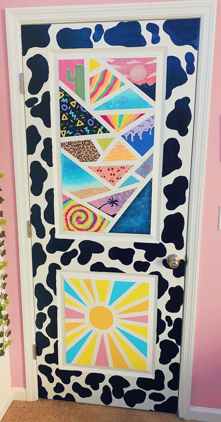 the door is decorated with an abstract painting