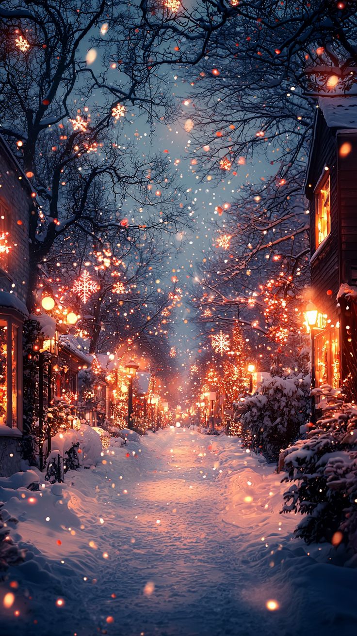 a snowy street at night with christmas lights