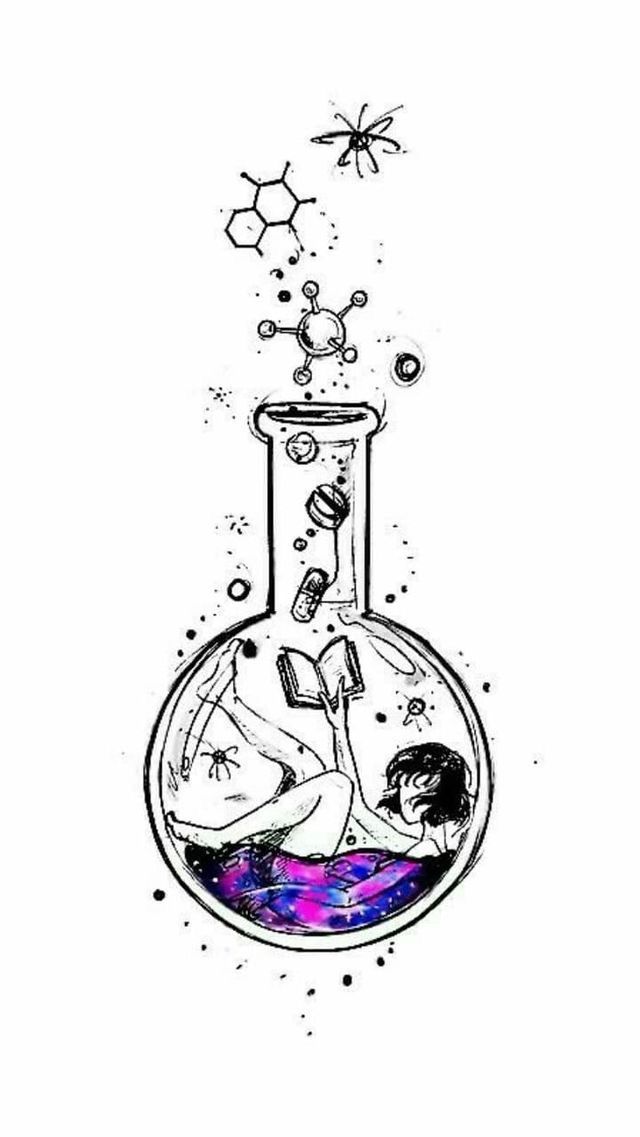 an ink drawing of a woman in a glass flask with bubbles and stars around it